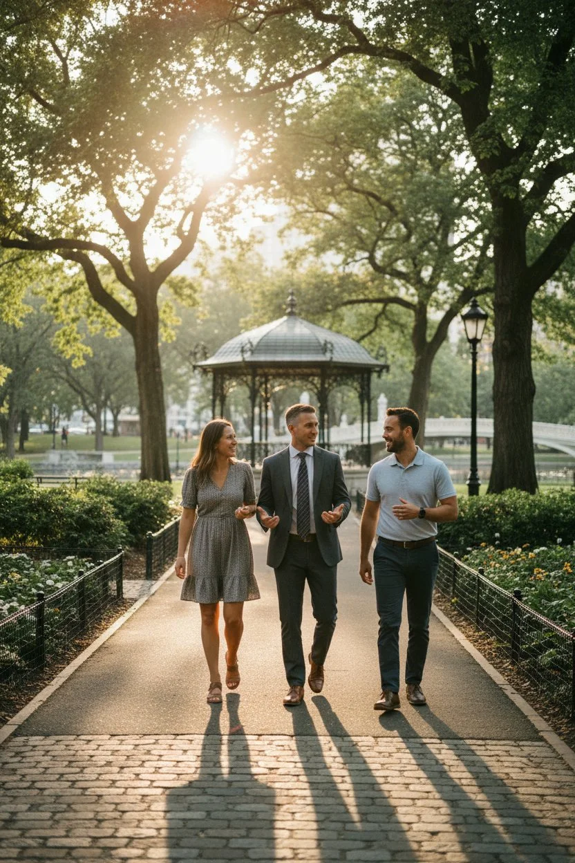 Three people walking and talking in a park during the late afternoon, with trees, a gazebo, and a fountain in the background.