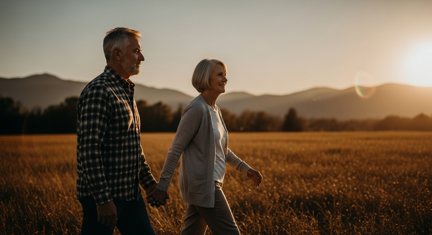 An older man and woman walking hand-in-hand through a field at sunset, with mountains in the background.