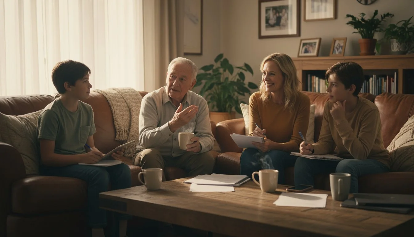 Family sitting on couch having a conversation during a home gathering, with coffee mugs and papers on the coffee table.