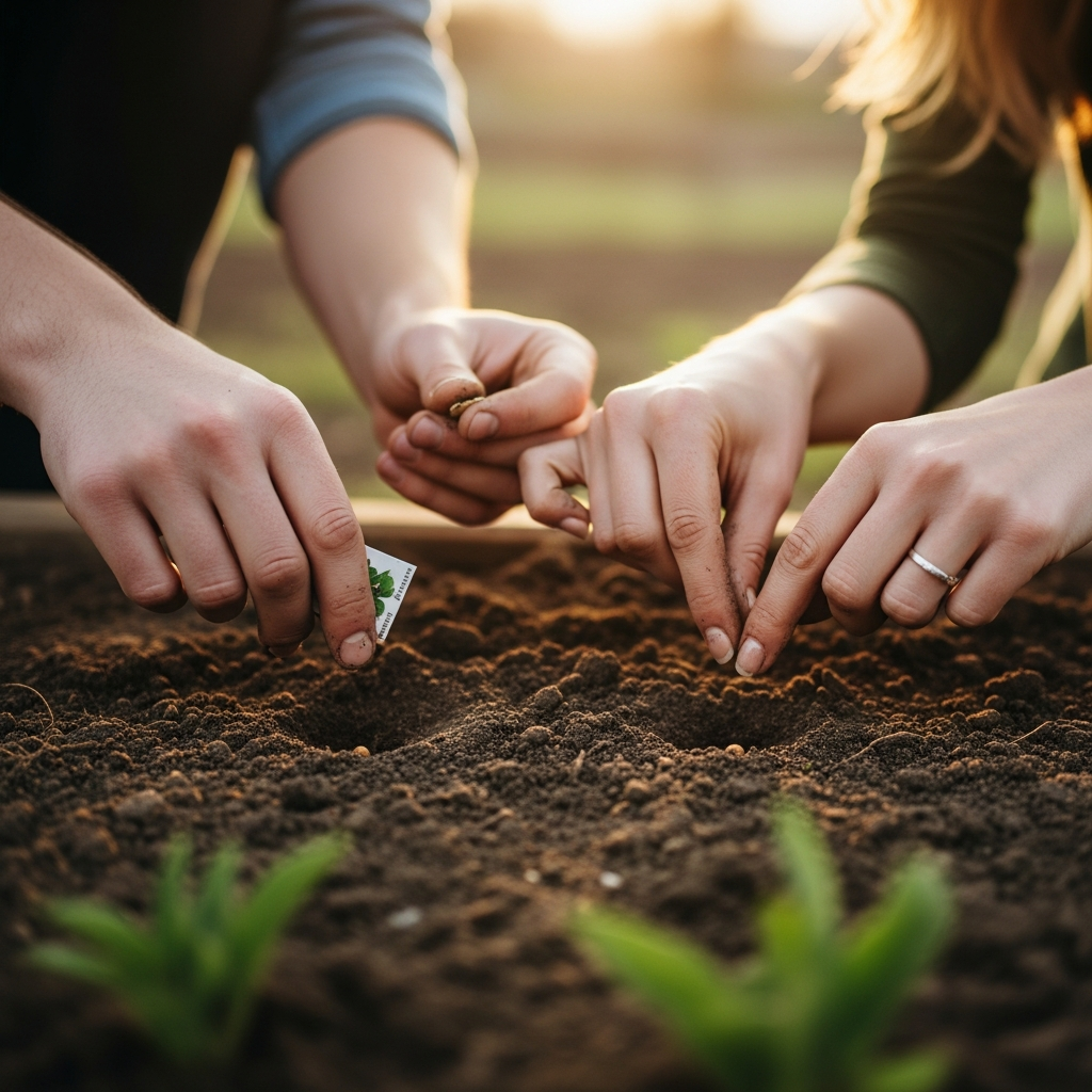 Multiple hands plant seeds in soil during daylight.