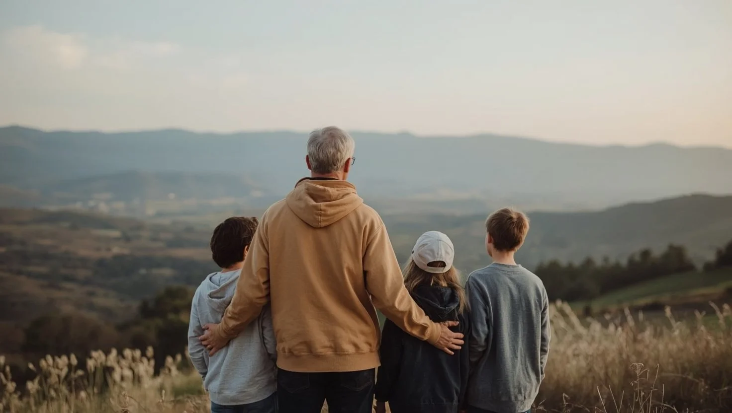 A family of five, including an older man and four children, standing outdoors on a hillside with their backs to the camera, overlooking a scenic landscape of rolling hills and distant mountains at sunset or sunrise.