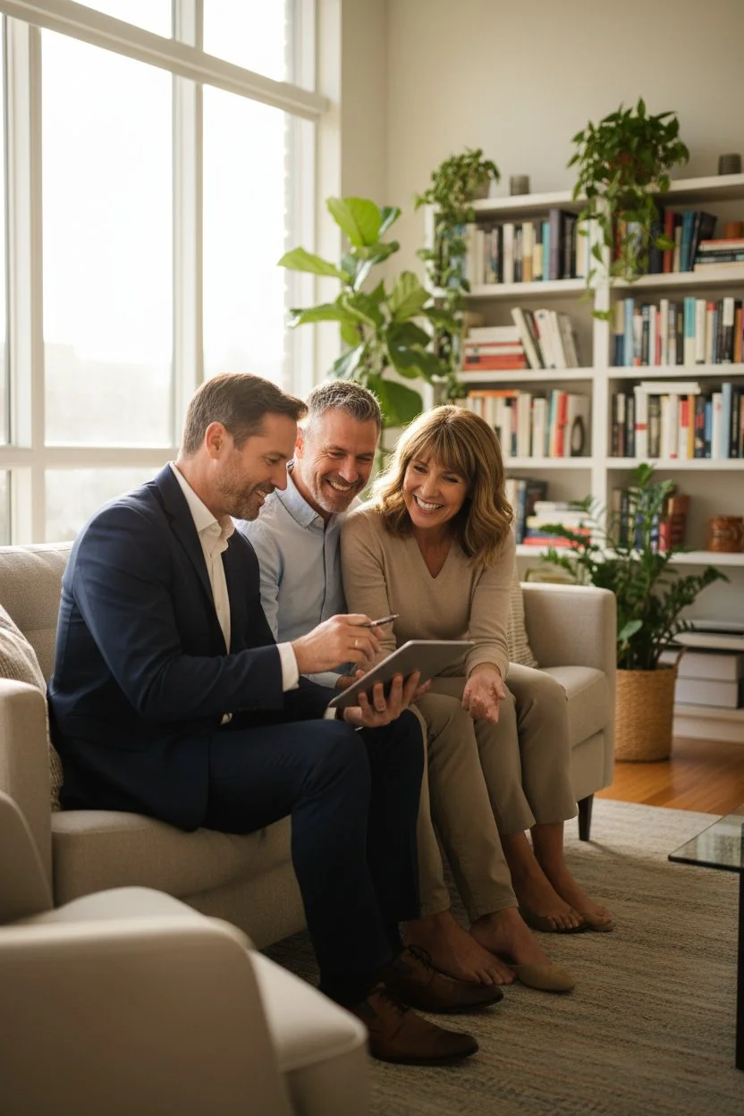 Three adults, two men and one woman, are sitting on a beige sofa looking at a tablet together, smiling, in a well-lit living room with large windows and bookshelves in the background.