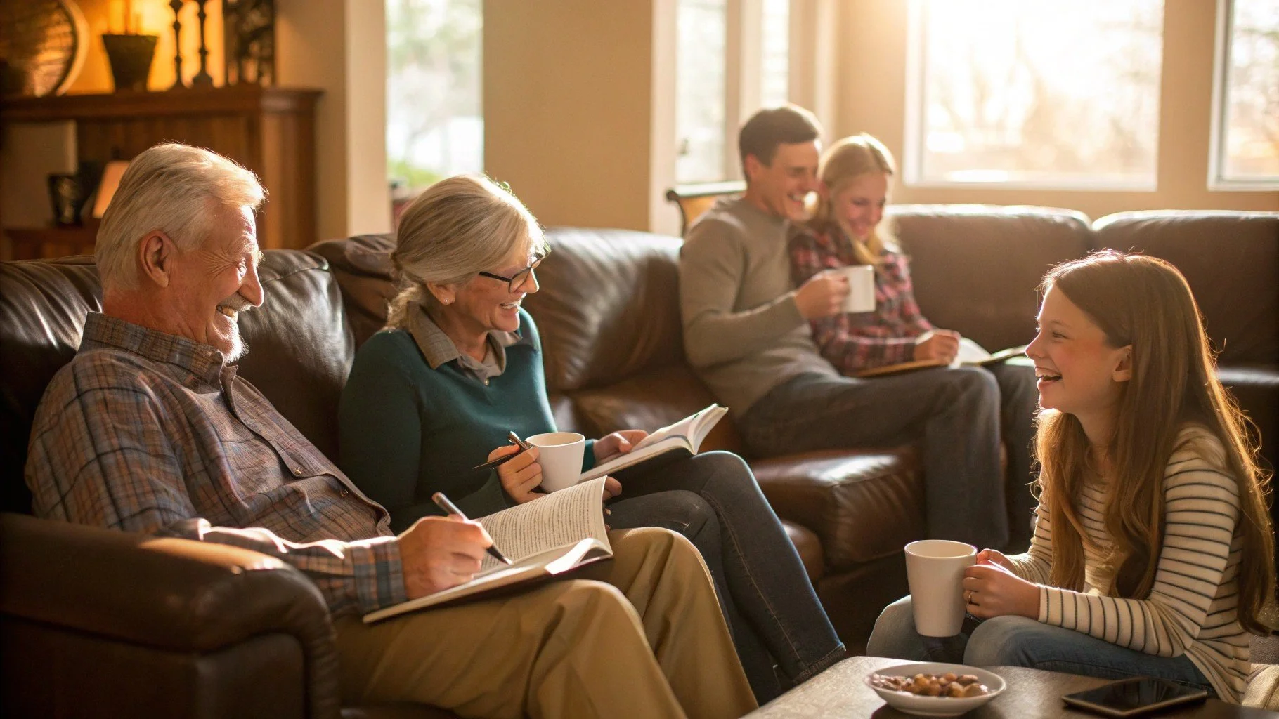 Family gathered together in a cozy living room, engaging in conversation and enjoying each other's company, with some holding coffee mugs and one person reading a book.