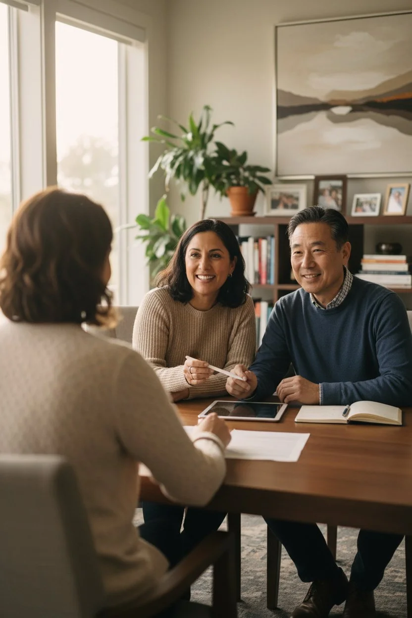 Three people, two women and one man, are sitting at a wooden table in a well-lit room with large windows and a bookshelf. They are engaged in a discussion, smiling, with one woman holding a pen and the man having a tablet and a notebook in front of him.