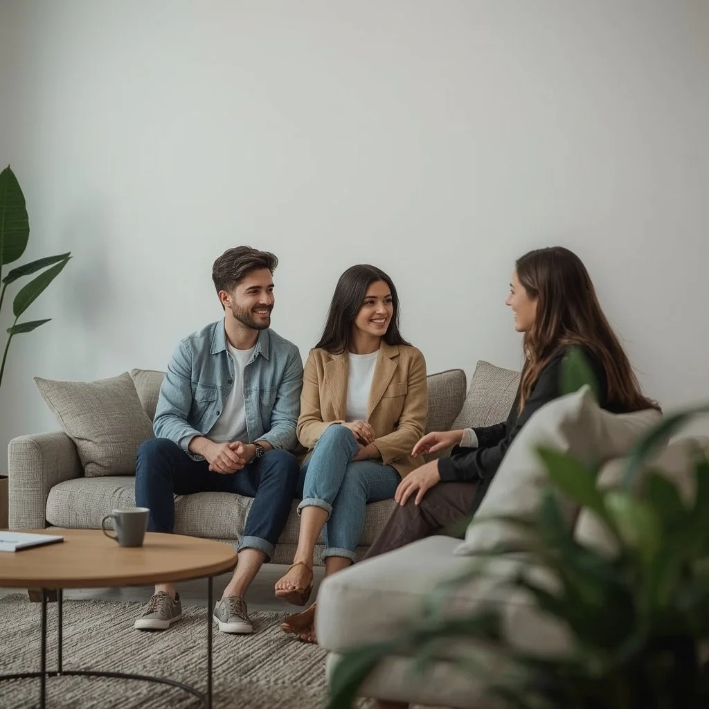 Three people sitting on a light-colored sofa, engaged in conversation in a modern living room with a white wall and large plants.