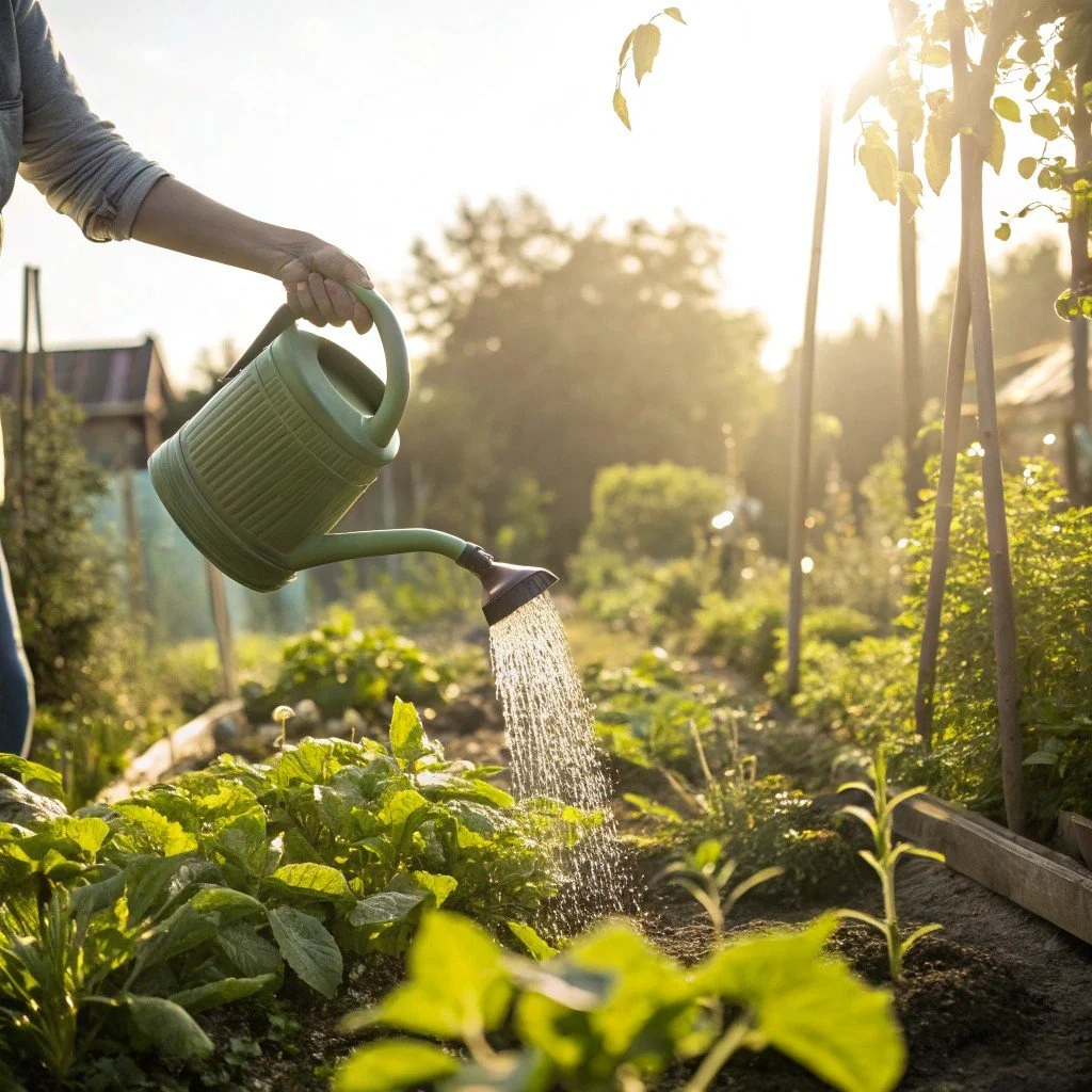 Person watering garden plants with a green watering can in sunlight.