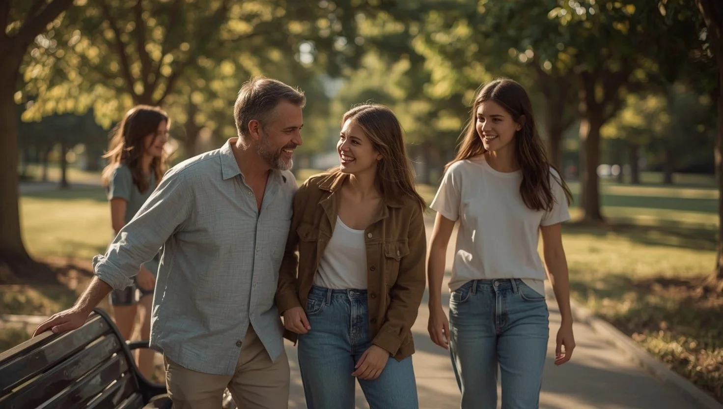 A man and two young girls walking together in a park on a sunny day, smiling and enjoying each other's company.