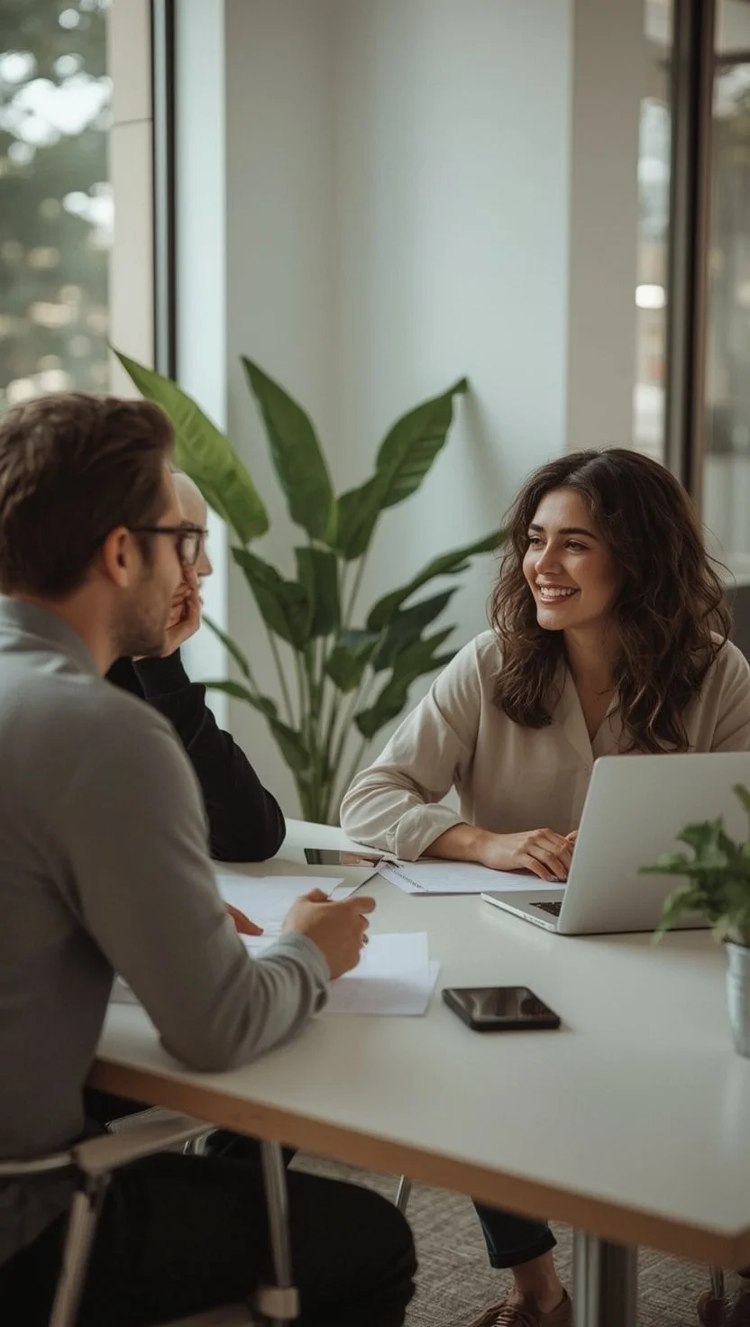 Two colleagues having a conversation in a modern office with large windows and green plants.