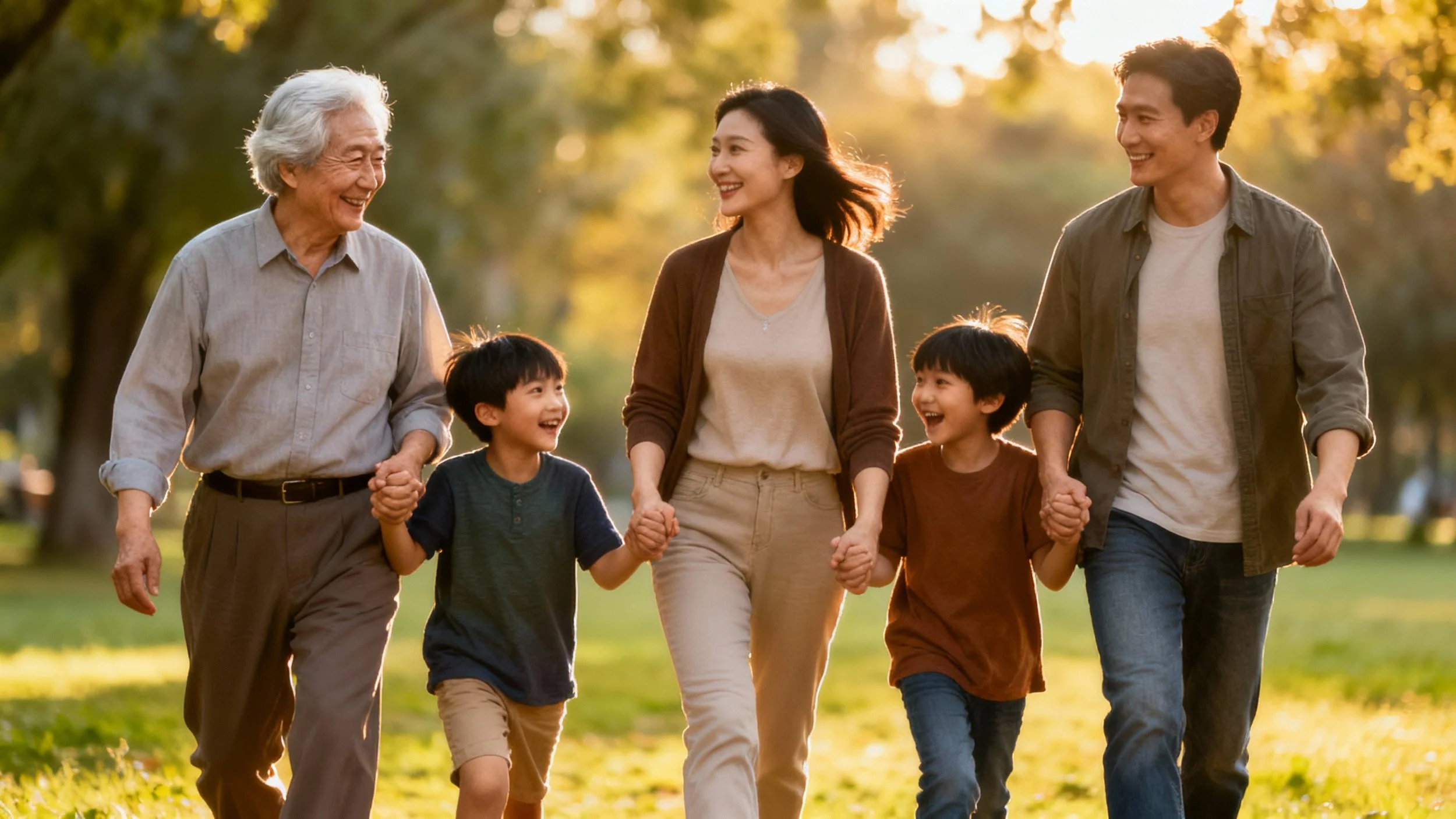 Family walking hand in hand in a park during fall, smiling and enjoying the sunny weather.