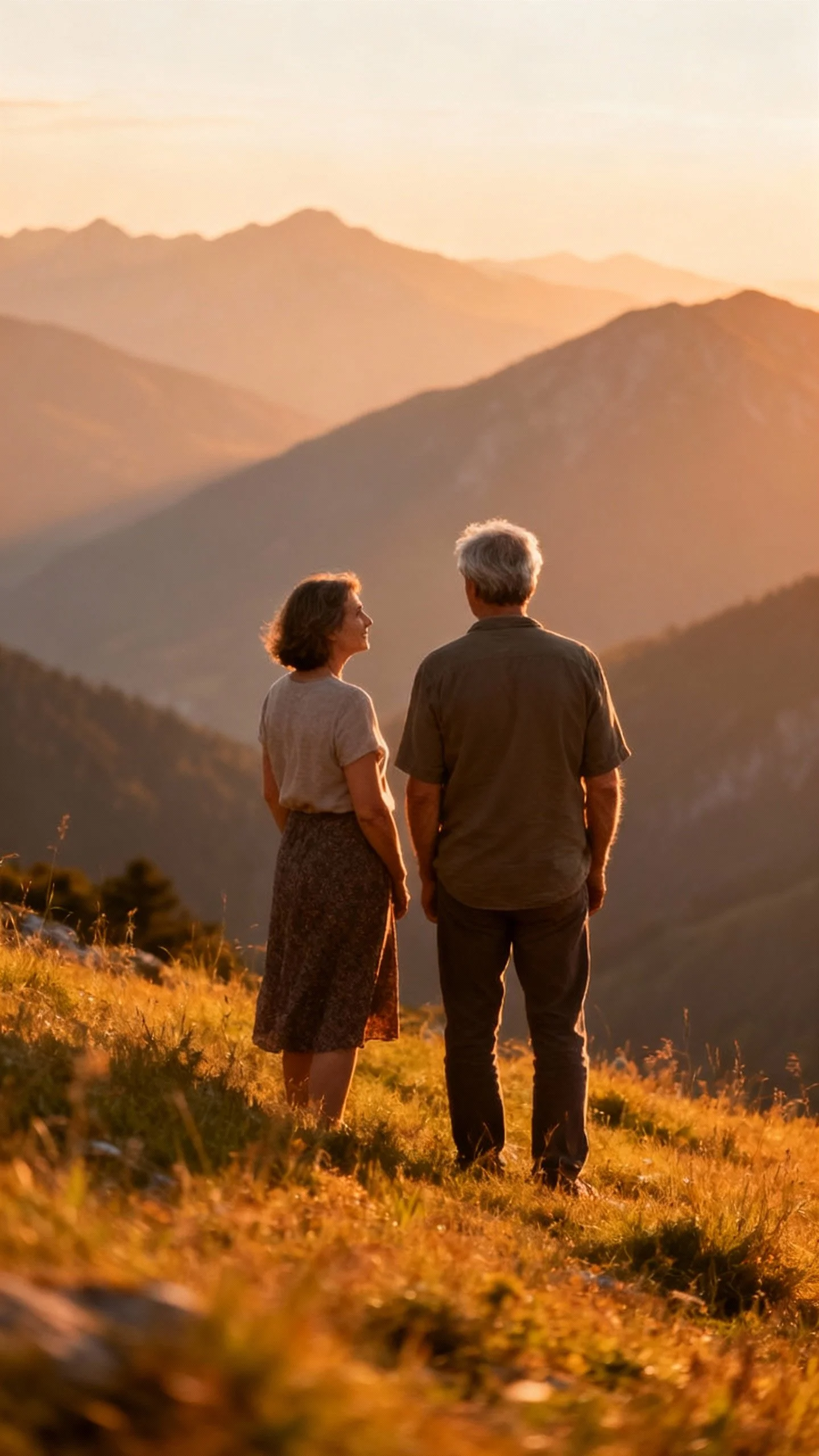 An older man and woman standing and talking outdoors during sunset with mountain scenery in the background.