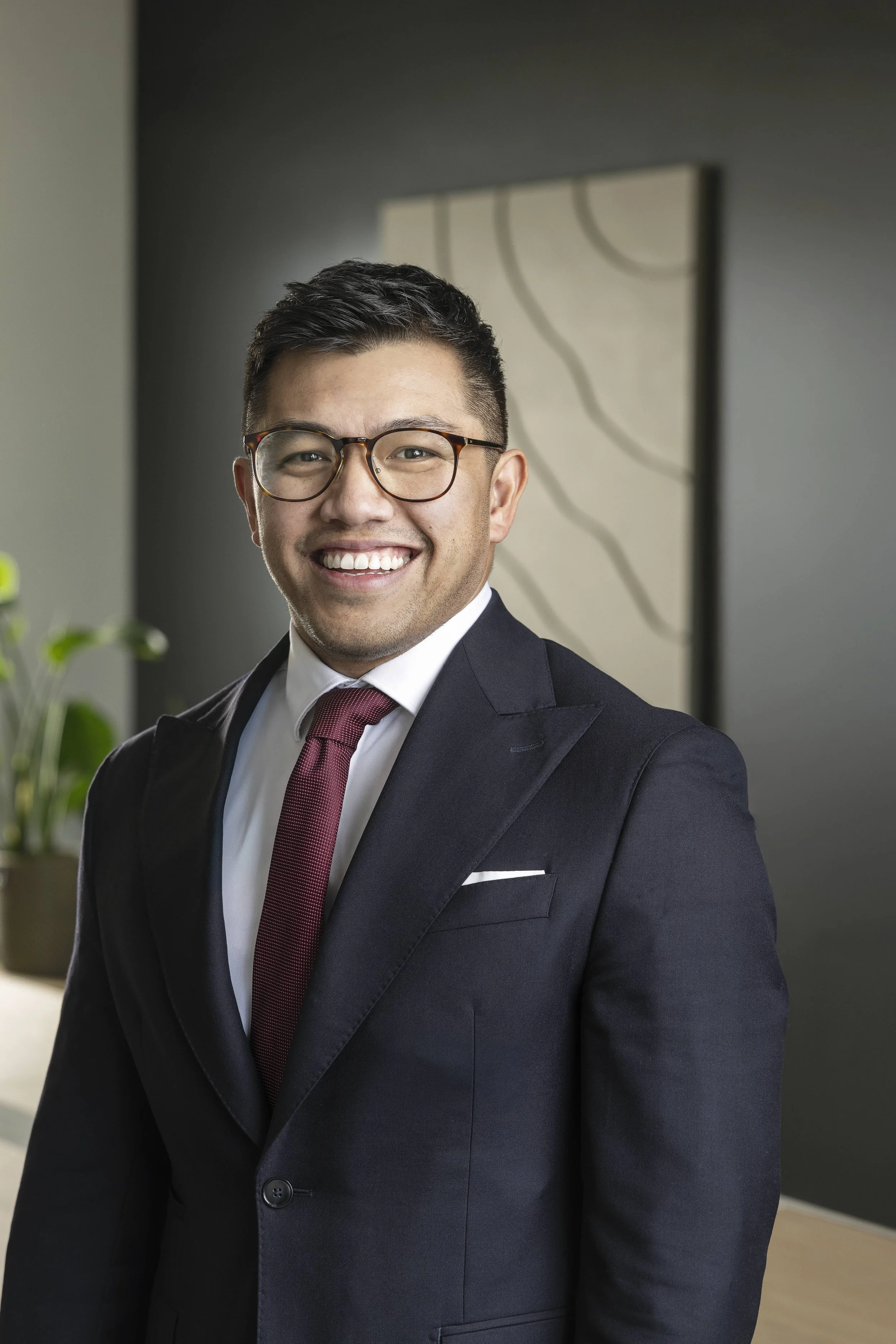 A man in a black suit, white shirt, and maroon tie smiling in an office setting, with a potted plant to his left and modern artwork on the wall behind him.