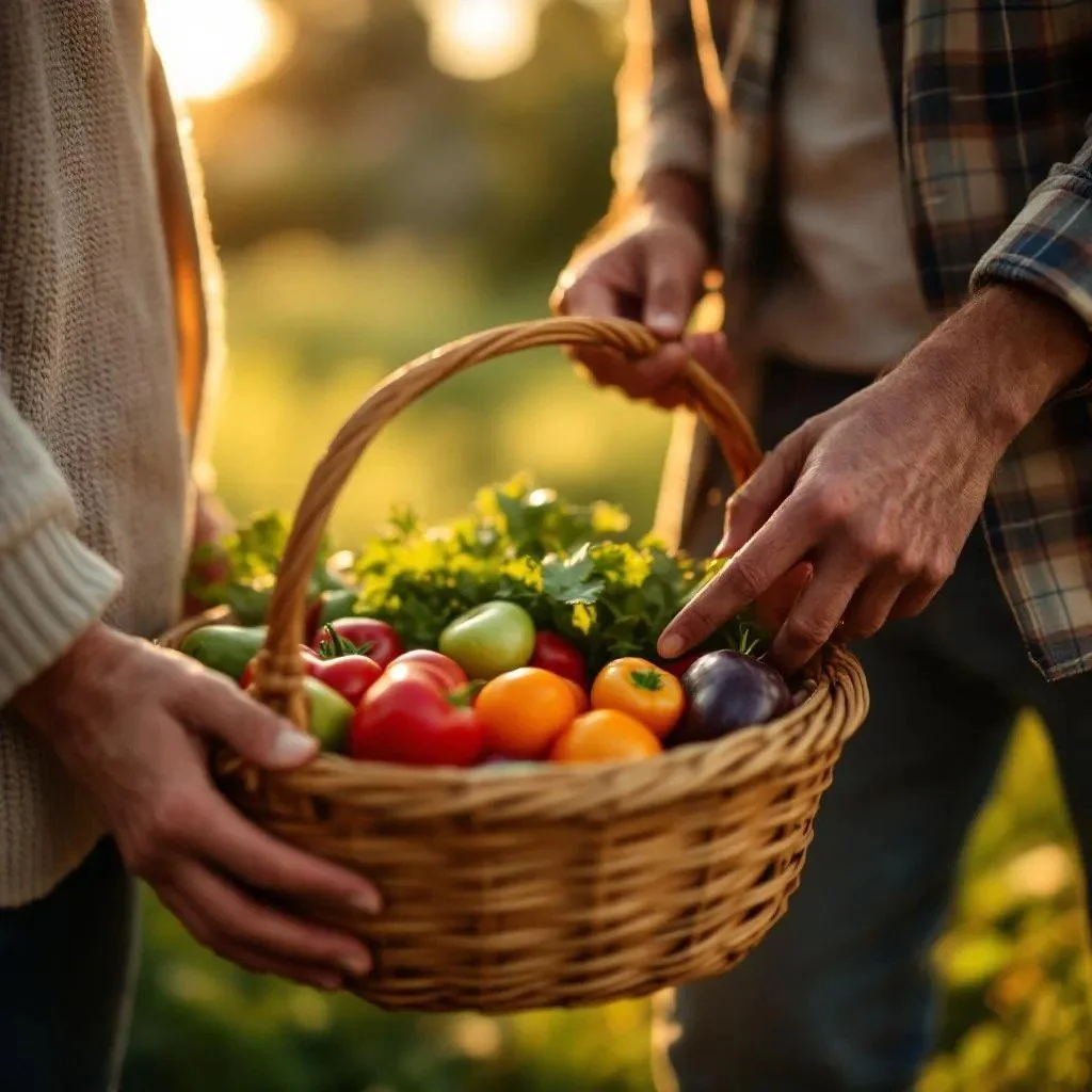 People harvesting a basket of fresh vegetables, including tomatoes and eggplants, during sunset.