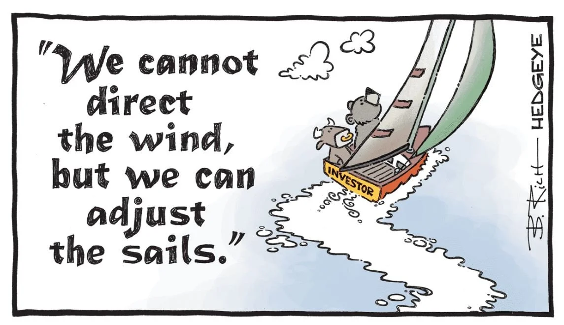 Illustration of a boat labeled 'investor' with two mice on it, navigating rough waters with a quote about adjusting sails, by B. Hedgeye.