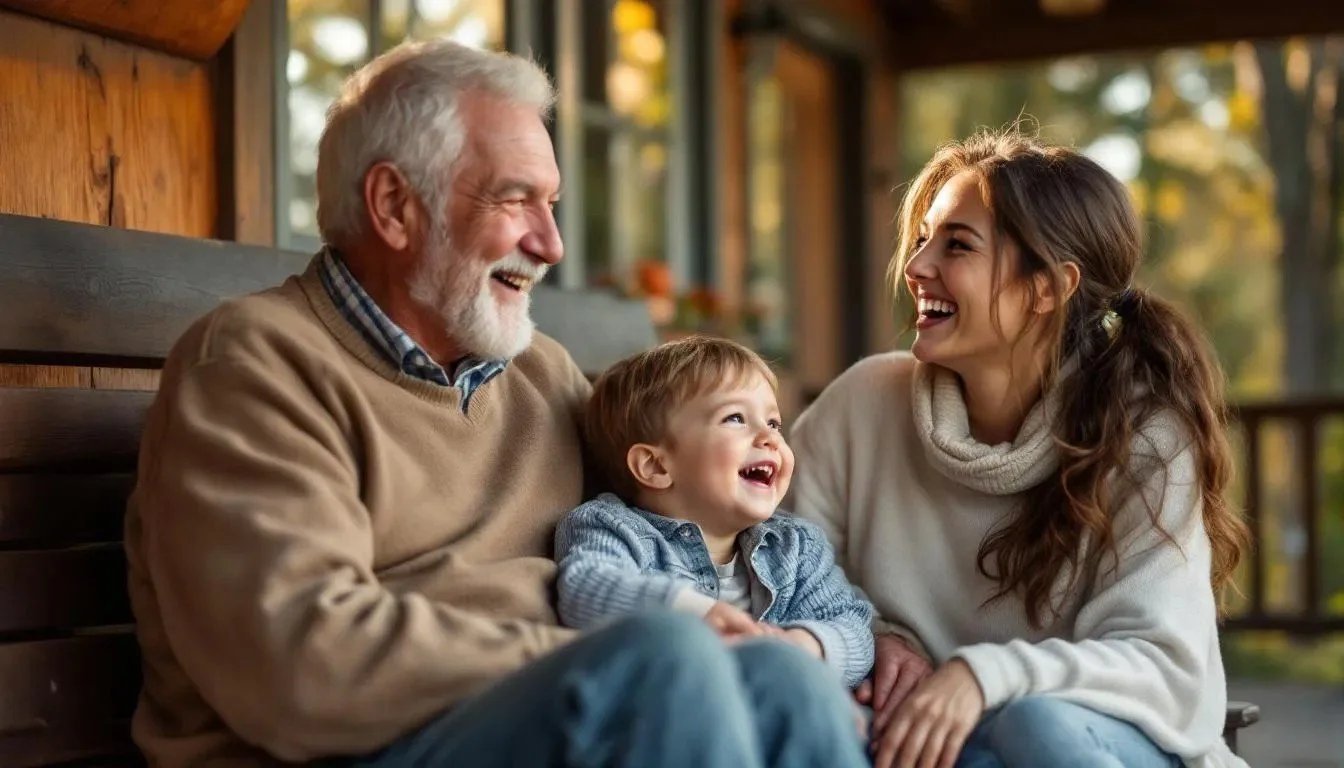 An elderly man, a woman, and a young boy are sitting on a wooden bench outdoors, smiling and laughing together.