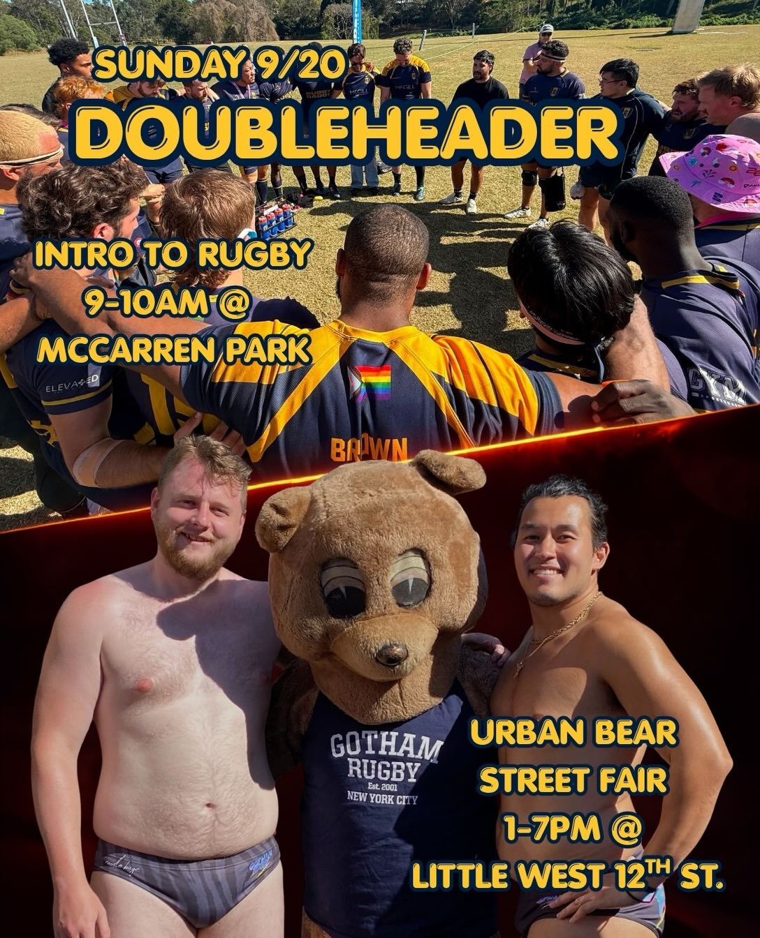 THIS SUNDAY 9/20 Gotham Rugby will be hosting Intro to Rugby at McCarren Park from 9-10AM and then taking to the streets for the Urban Bear Street Fair from 1-7PM on Little West 12th st! 🌈

Come learn some rugby and party with the club. Bring a frie