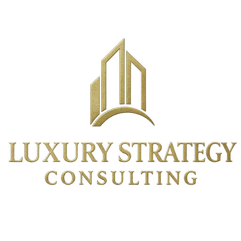 Gold logo with a stylized building above the text 'Luxury Strategy Consulting' on a black background.