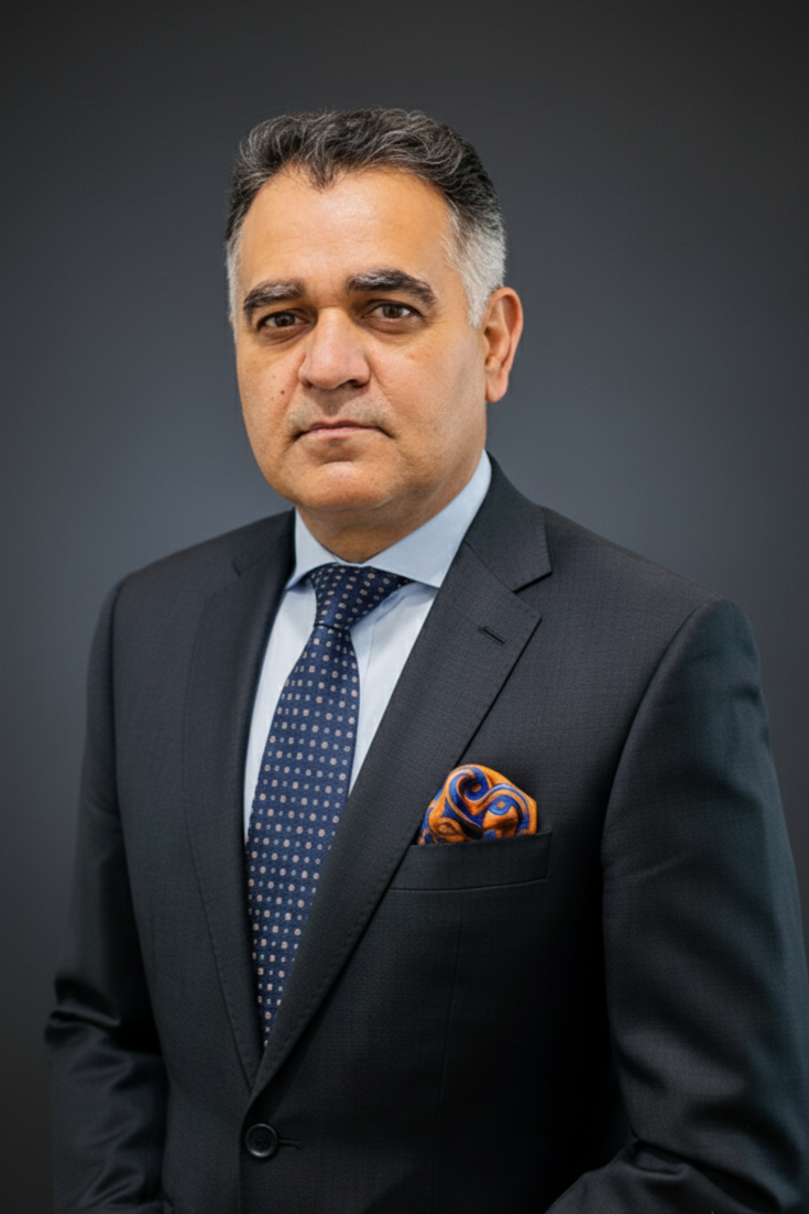 A middle-aged man in a dark suit with a blue polka-dot tie and an orange patterned pocket square, standing against a plain dark background.