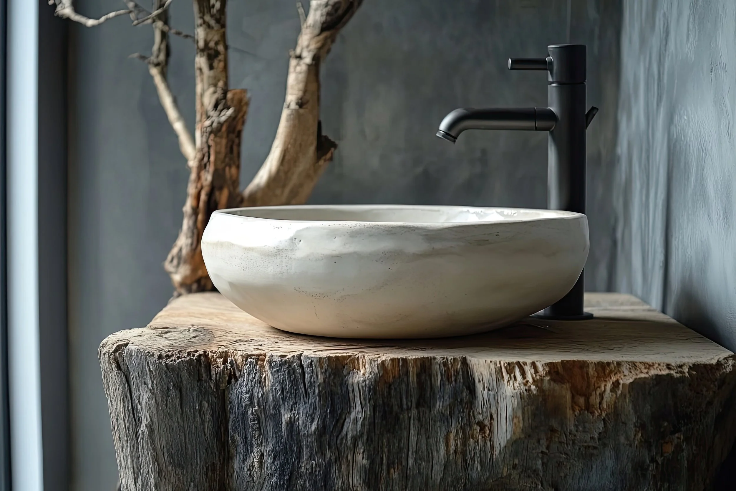 A round, white stone vessel sink with a modern black faucet, mounted on a rustic wood countertop with a tree branch or driftwood in the background against a dark wall.