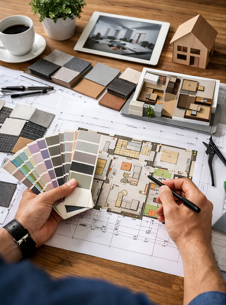 Architect working on a house floor plan with color swatches, fabric samples, and model house on a wooden desk.