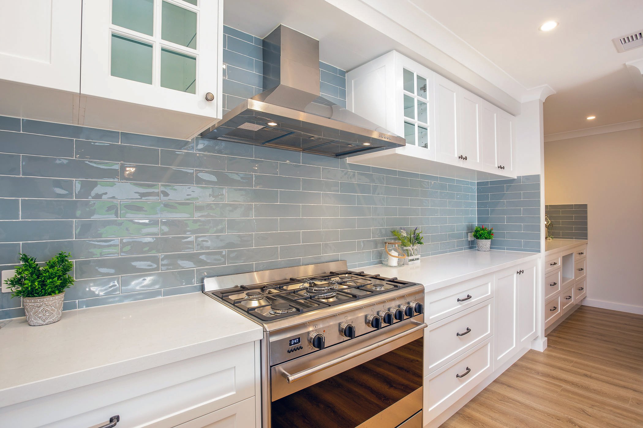 Kitchen with white cabinets, a stainless steel stove, blue tile backsplash, and some potted plants on the countertop.