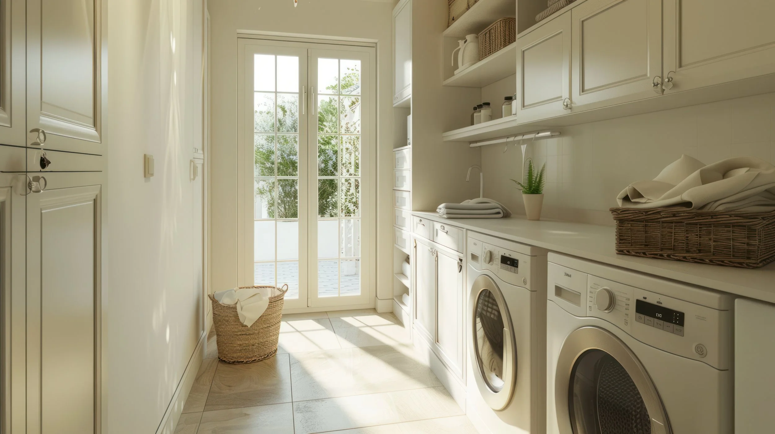 A bright laundry room with white cabinets, a washing machine, and a dryer. There is a basket on the floor near a glass door leading outside, with a plant and greenery visible beyond.