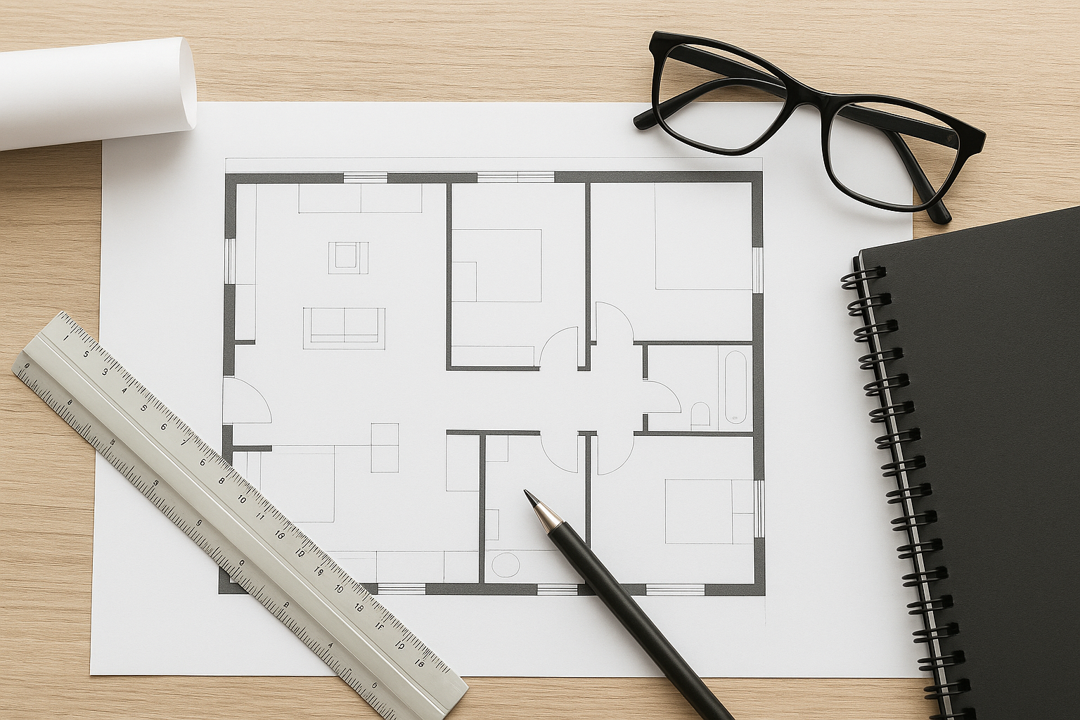 Architectural floor plan on paper with ruler, pen, glasses, notebook, and rolled paper on wooden desk.