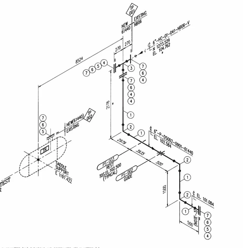 Technical engineering diagram of piping system, with labels, measurements, components, and specifications for a pump setup and pipe connections.