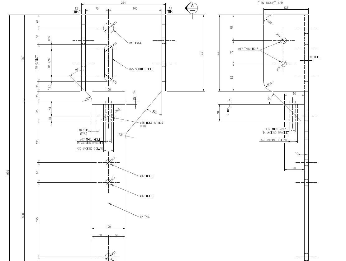 Technical engineering drawing of bracket system