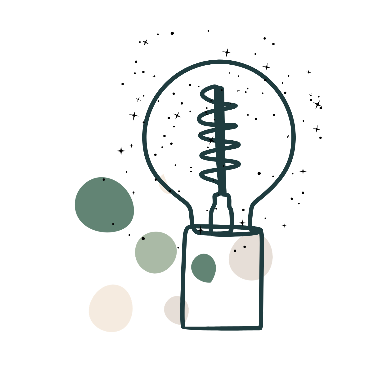 Illustration of a light bulb with a complex filament design, surrounded by floating abstract shapes and dots, representing ideas and creativity.