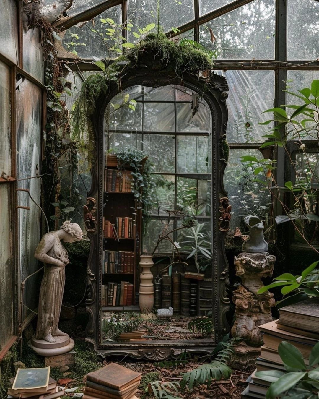 A large vintage mirror with an ornate black frame, surrounded by various plants, statues, and stacks of books inside a greenhouse or botanical setting.