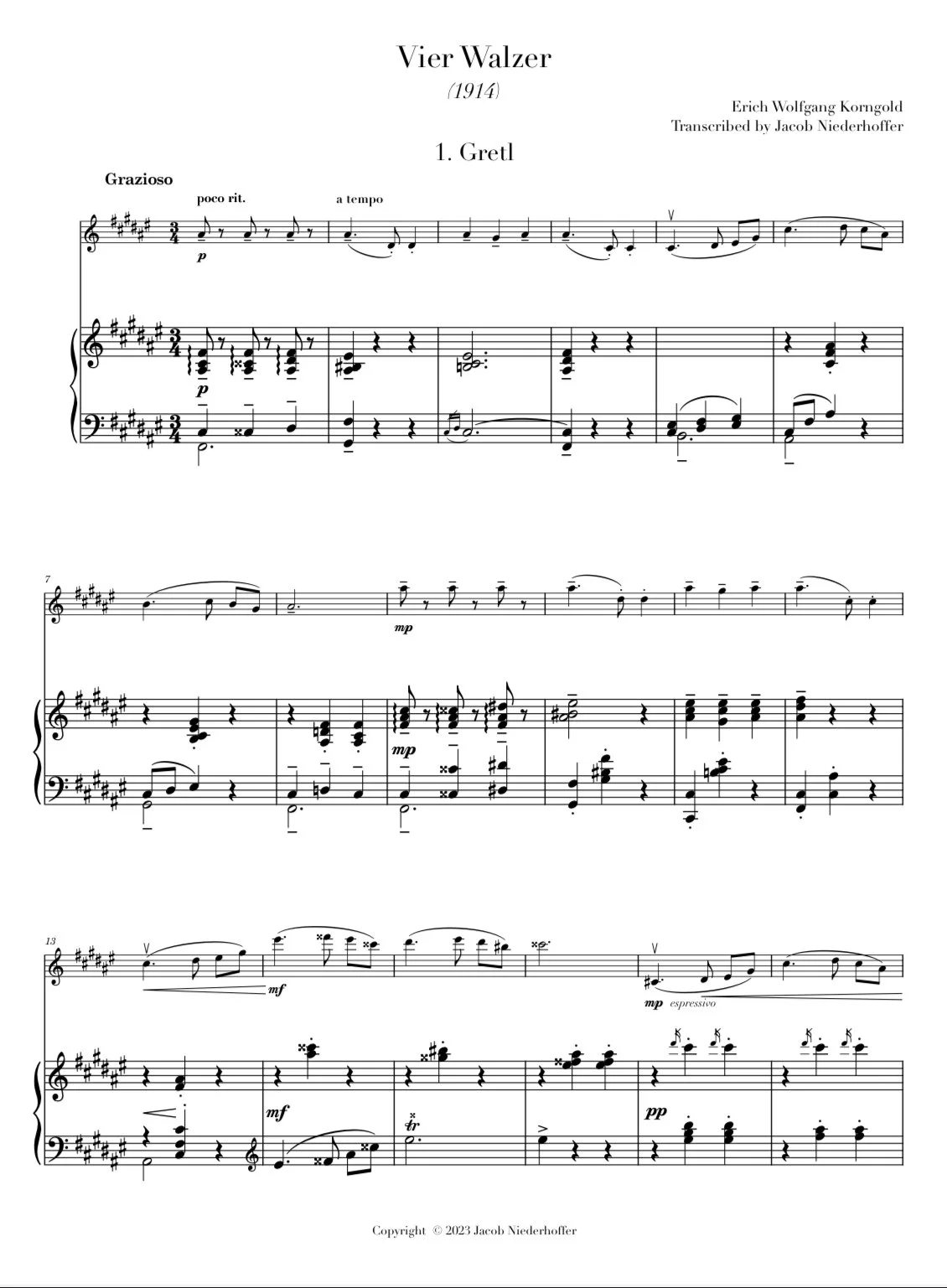 Sheet music titled 'Vier Walzer (1914)', composed by Erich Wolfgang Korngold, transcribed by Jacob Niederhoffer, featuring the piece 'Gretl' with musical notation.
