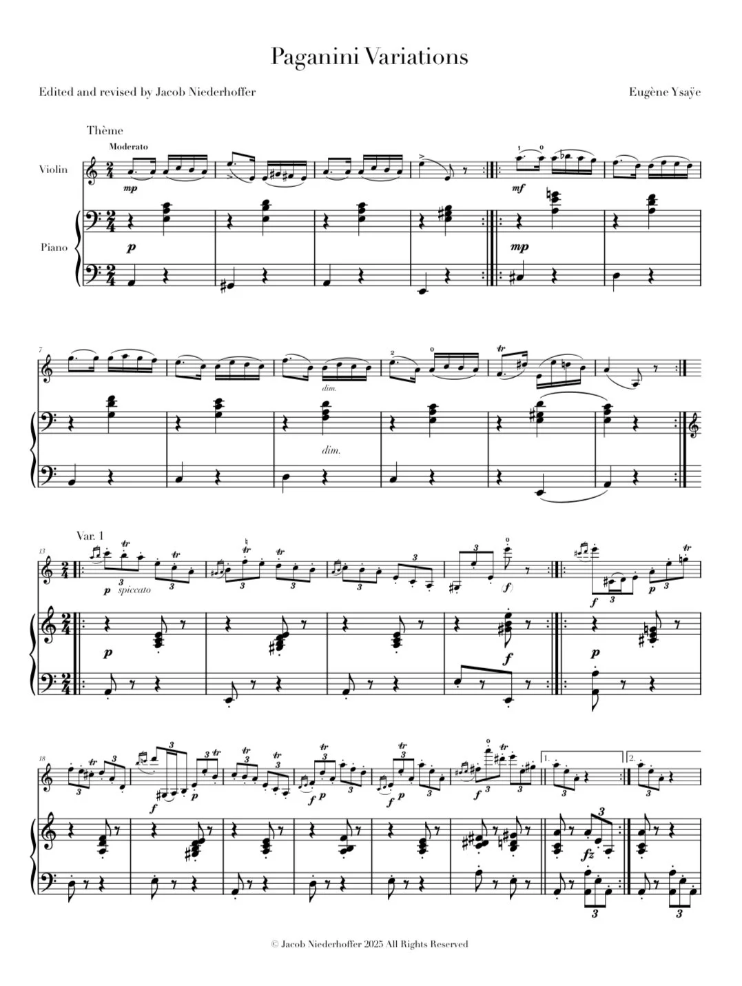 Sheet music for a violin and piano piece titled 'Paganini Variations,' edited by Jacob Niederhoffer and composed by Eugène Ysaÿe, featuring musical notation and performance instructions.