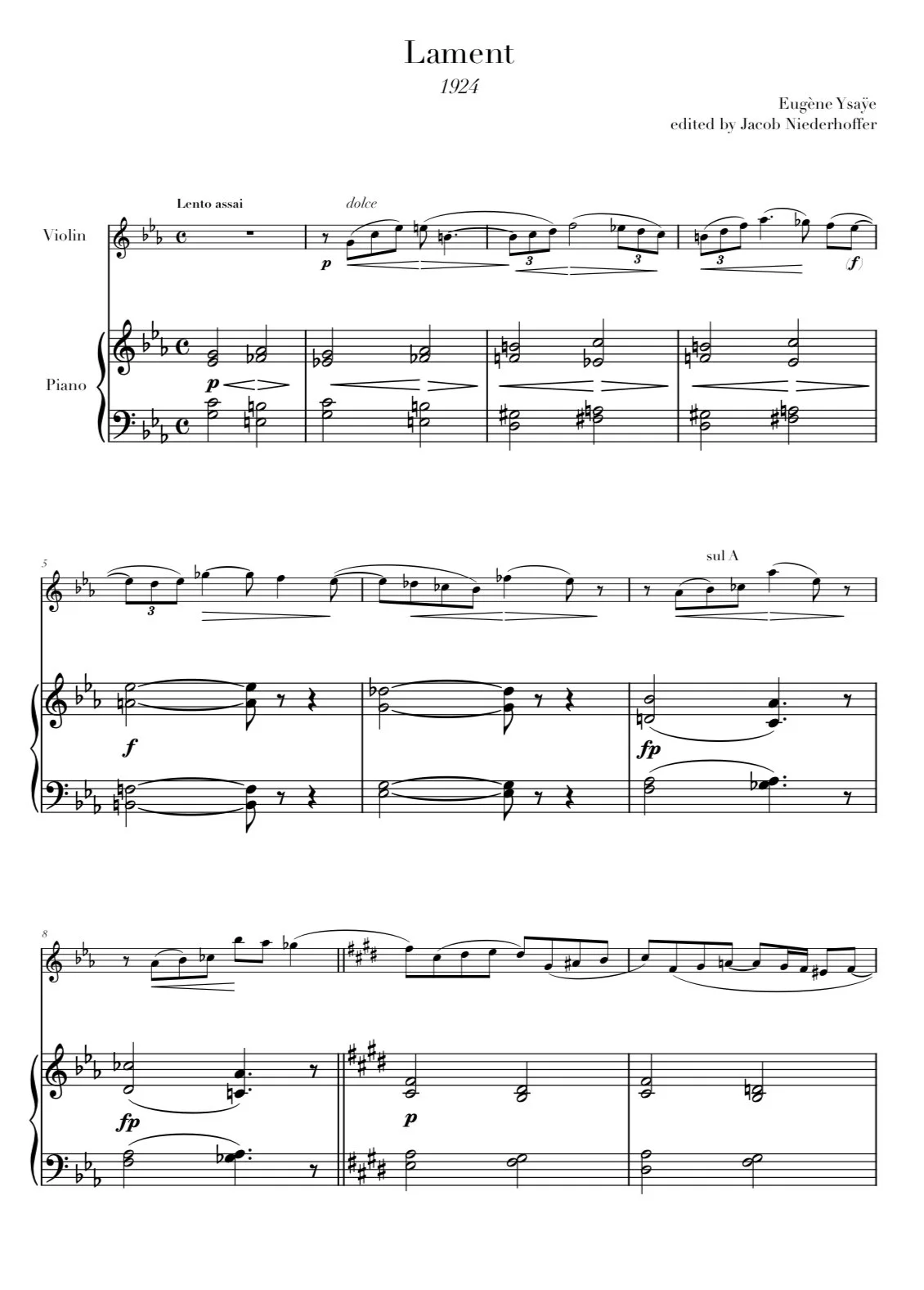 Sheet music titled 'Lament' from 1924 by Eugene Ysayé, edited by Jacob Niederhoffer, featuring piano and violin parts.