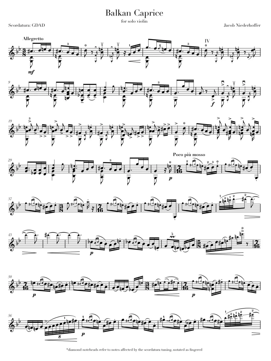 Sheet music titled "Balkan Caprice" composed by Jacob Niederhoffer, for solo violin, with part of the musical score showing notes and markings.