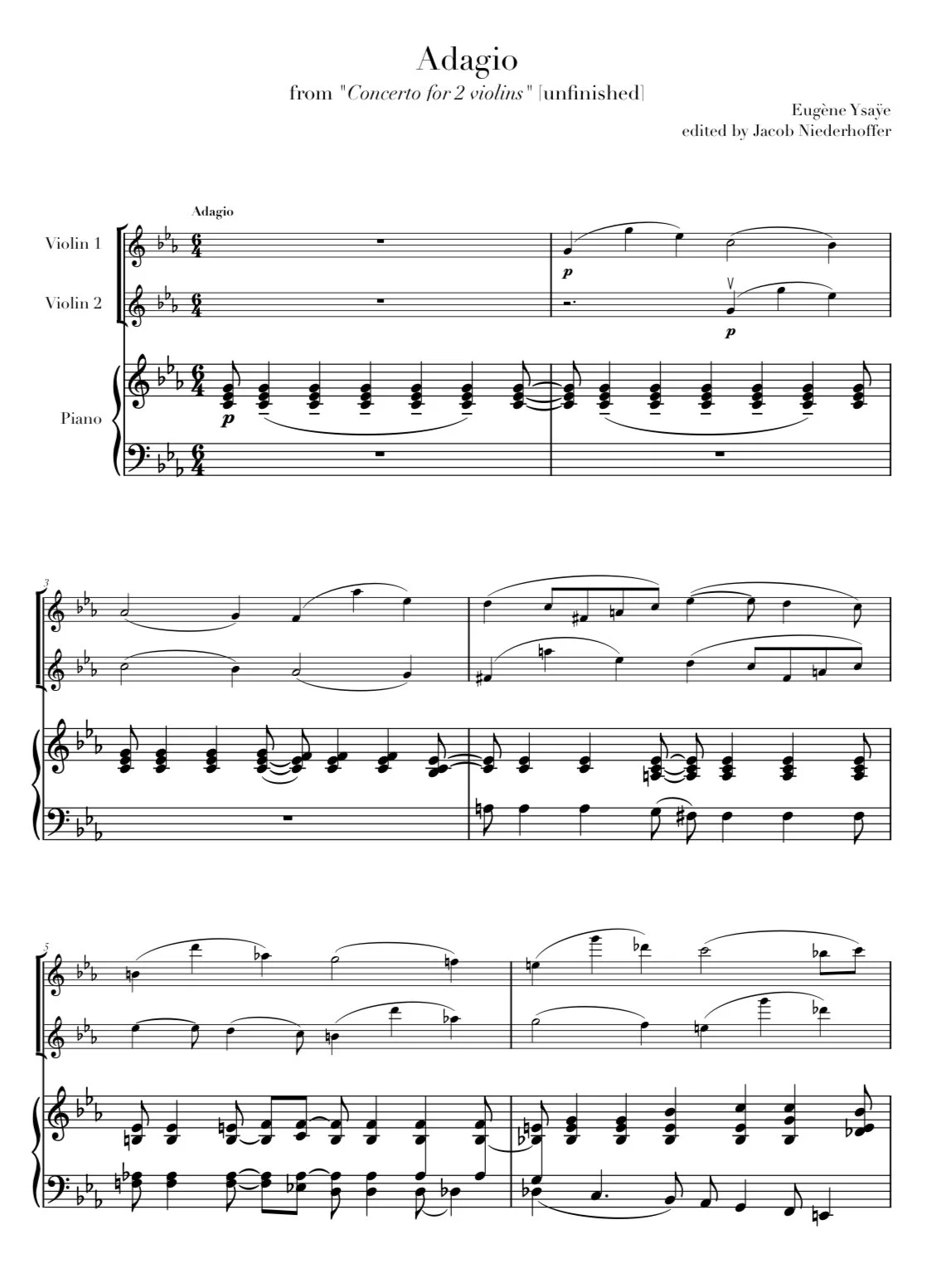 Music sheet titled 'Adagio' from 'Concerto for 2 violins' by Eugène Ysaÿe, edited by Jacob Niederhoffer, showing parts for two violins and piano.