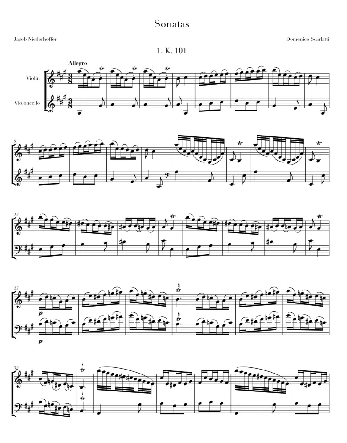 Sheet music titled 'Sonatas' by Jacob Niederhoffer and Domenico Scarlatti, labeled '1. K. 101', composed for violin and cello.