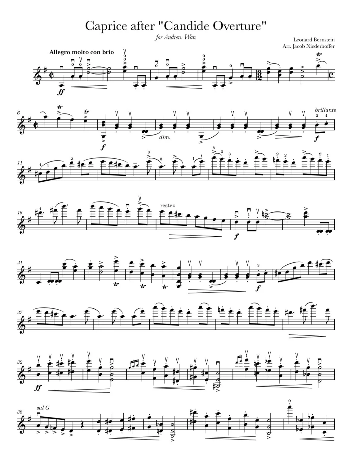 Sheet music titled 'Caprice after Candide Overture' composed by Leonard Bernstein, arranged by Jacob Niederhoffer, with tempo markings 'Allegro molto con brio' and 'brillante' and various musical notations.