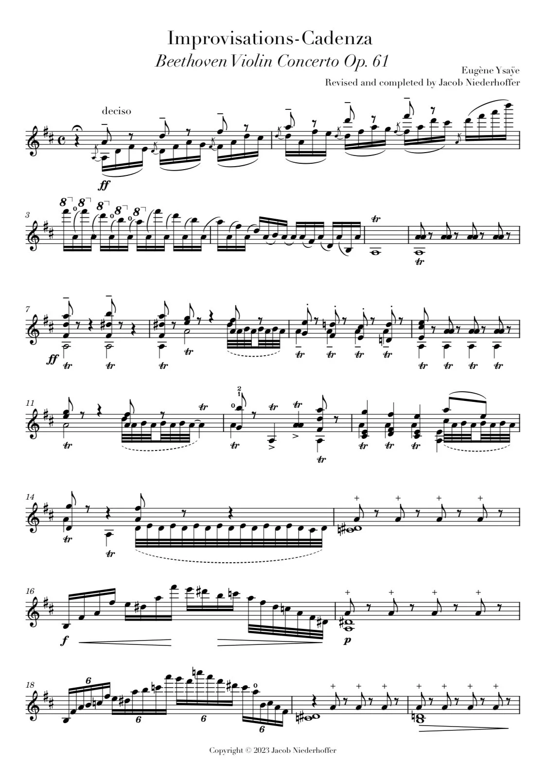 Sheet music titled "Improvisations-Cadenza" for Beethoven Violin Concerto Op. 61, revised and completed by Jacob Niederhoffer.