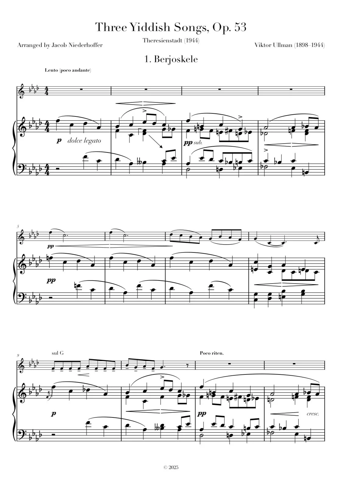 Sheet music for 'Three Yiddish Songs, Op. 53' arranged by Jacob Niederhoffer, composed by Viktor Ullman, featuring the piece 'Berjoskele.'