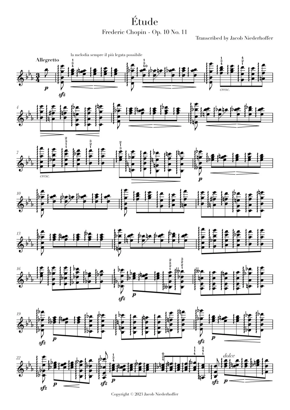 Sheet music titled 'Étude' by Frederic Chopin, Op. 10 No. 11, transcribed by Jacob Niederhoffer, with musical notation and performance instructions.