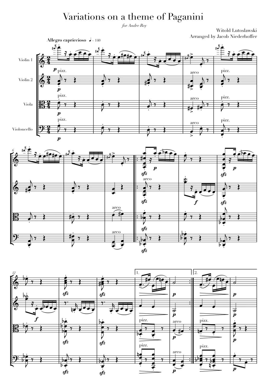 Sheet music titled 'Variations on a theme of Paganini' by Witold Lutoslawski, arranged by Jacob Niederhoffer, featuring parts for violin 1, violin 2, viola, and cellocello, with musical notations and dynamics.