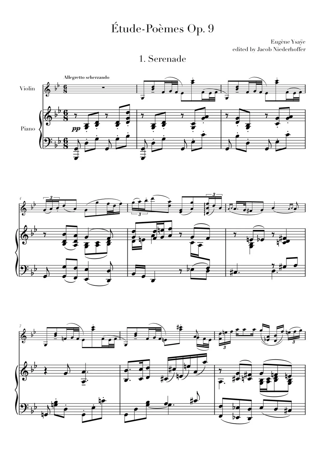 Sheet music titled 'Étude-Poèmes Op. 9' by Eugène Ysaÿe, edited by Jacob Niederhoffer, with a section labeled 'Serenade'. It contains musical notation for violin and piano, marked Allegretto scherzando.