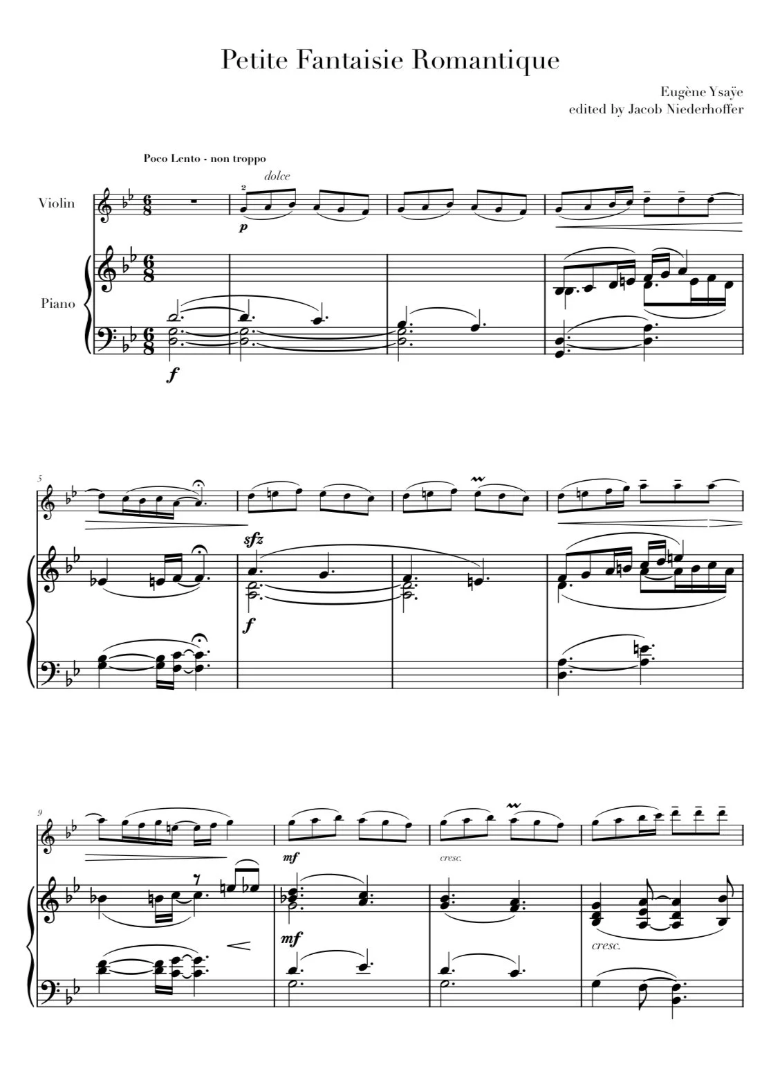 Sheet music titled 'Petite Fantaisie Romantique' composed by Eugène Ysaÿe, edited by Jacob Niederhoffer, featuring piano and violin parts with musical notation and performance instructions.