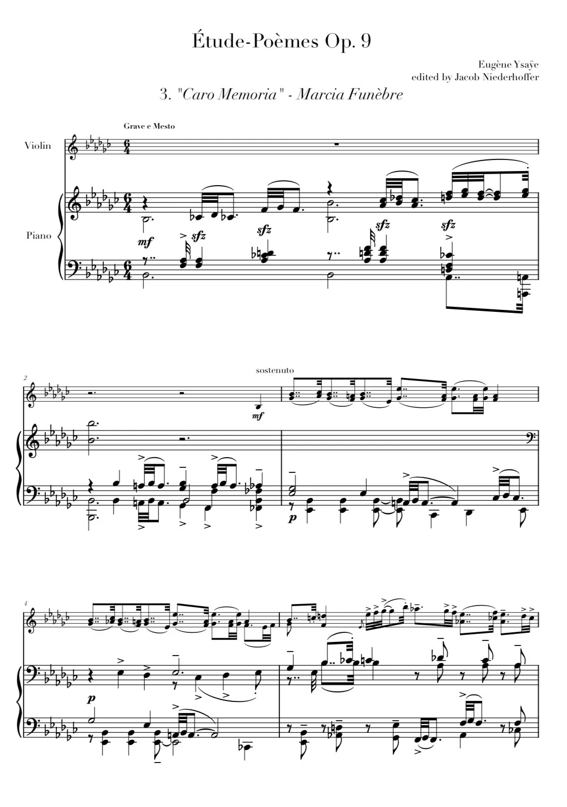 Sheet music titled 'Étude-Poèmes Op. 9' by Eugène Ysaÿe, edited by Jacob Niederhoffer, featuring a violin and piano composition with detailed notation and musical symbols.