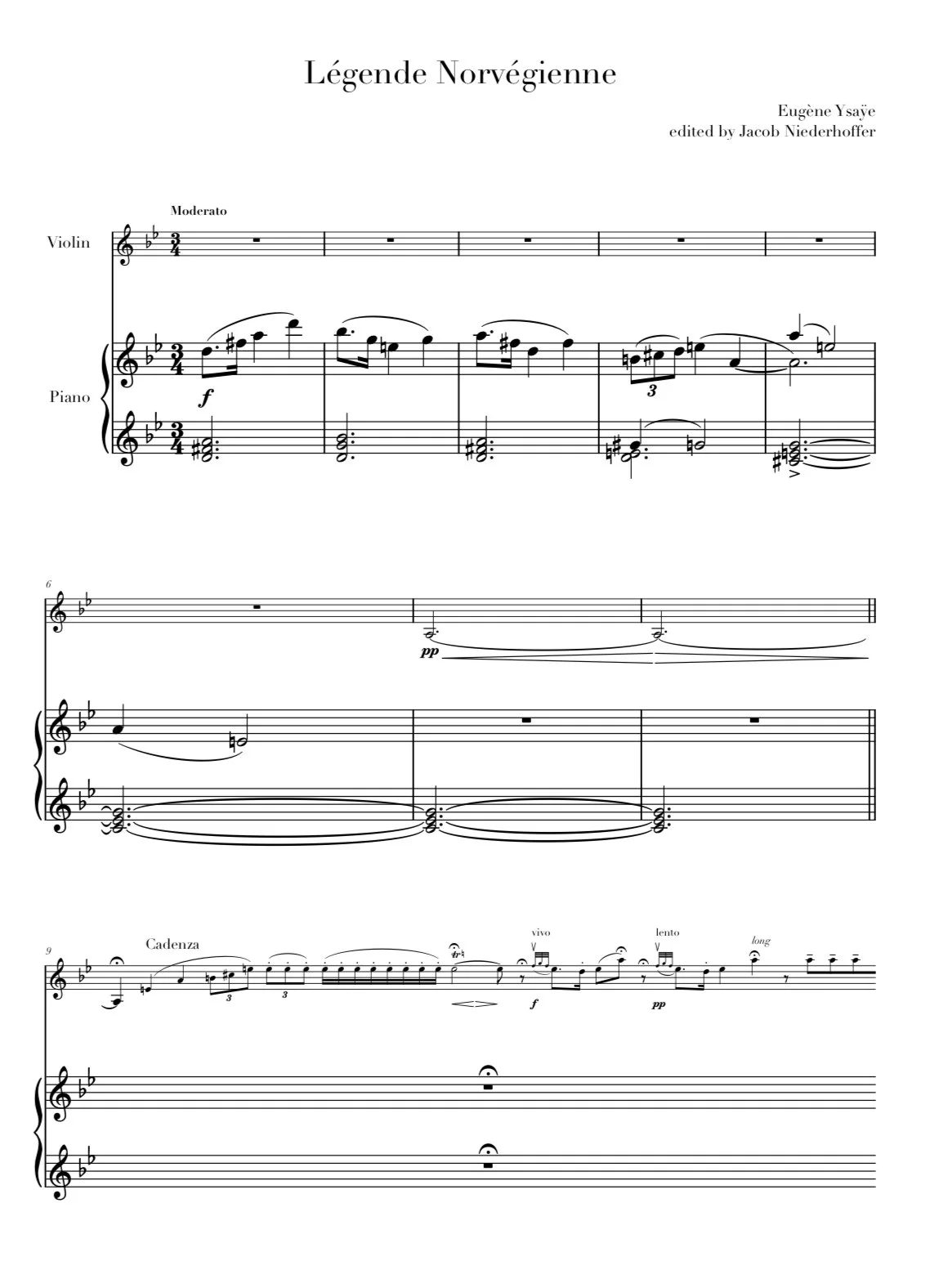 Sheet music titled 'Légende Norvégienne' composed by Eugène Ysaÿe, with parts for violin and piano and the tempo marking 'Moderato'.