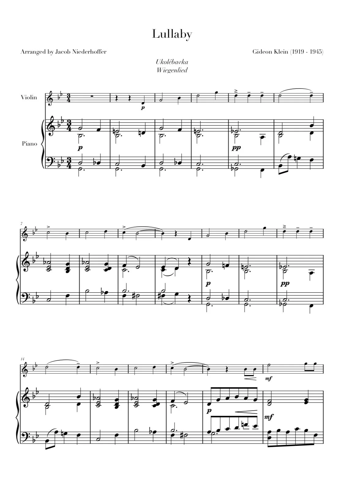Sheet music titled "Lullaby" composed by Gideon Klein, arranged by Jacob Niederhoffer, with musical notes for violin and piano, including dynamics like p, pp, and mf.