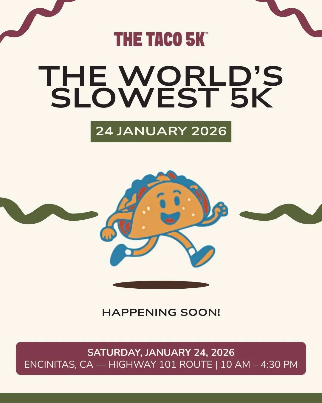 &ldquo;The World&rsquo;s Slowest 5K?&rdquo;
Yes. And that&rsquo;s exactly the point. 🌮

This isn&rsquo;t about PRs, finish times, or sprinting past the fun.
It&rsquo;s about moving at your own pace, stopping for tacos, laughing with friends, and soa
