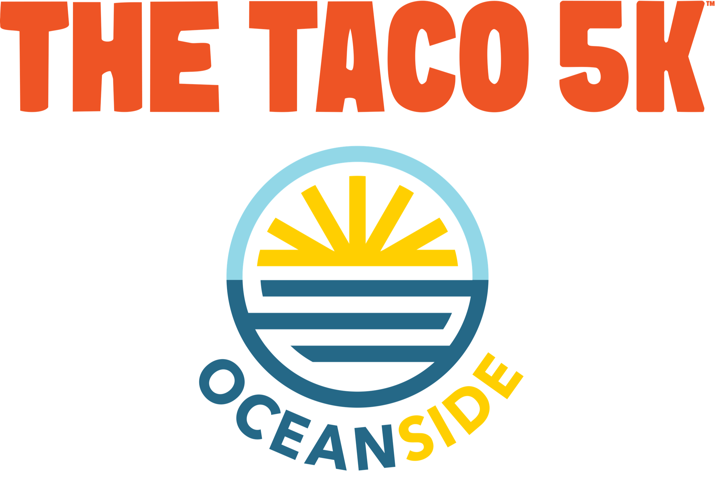 The Taco 5K Oceanside logo with a coastal sunrise emblem.