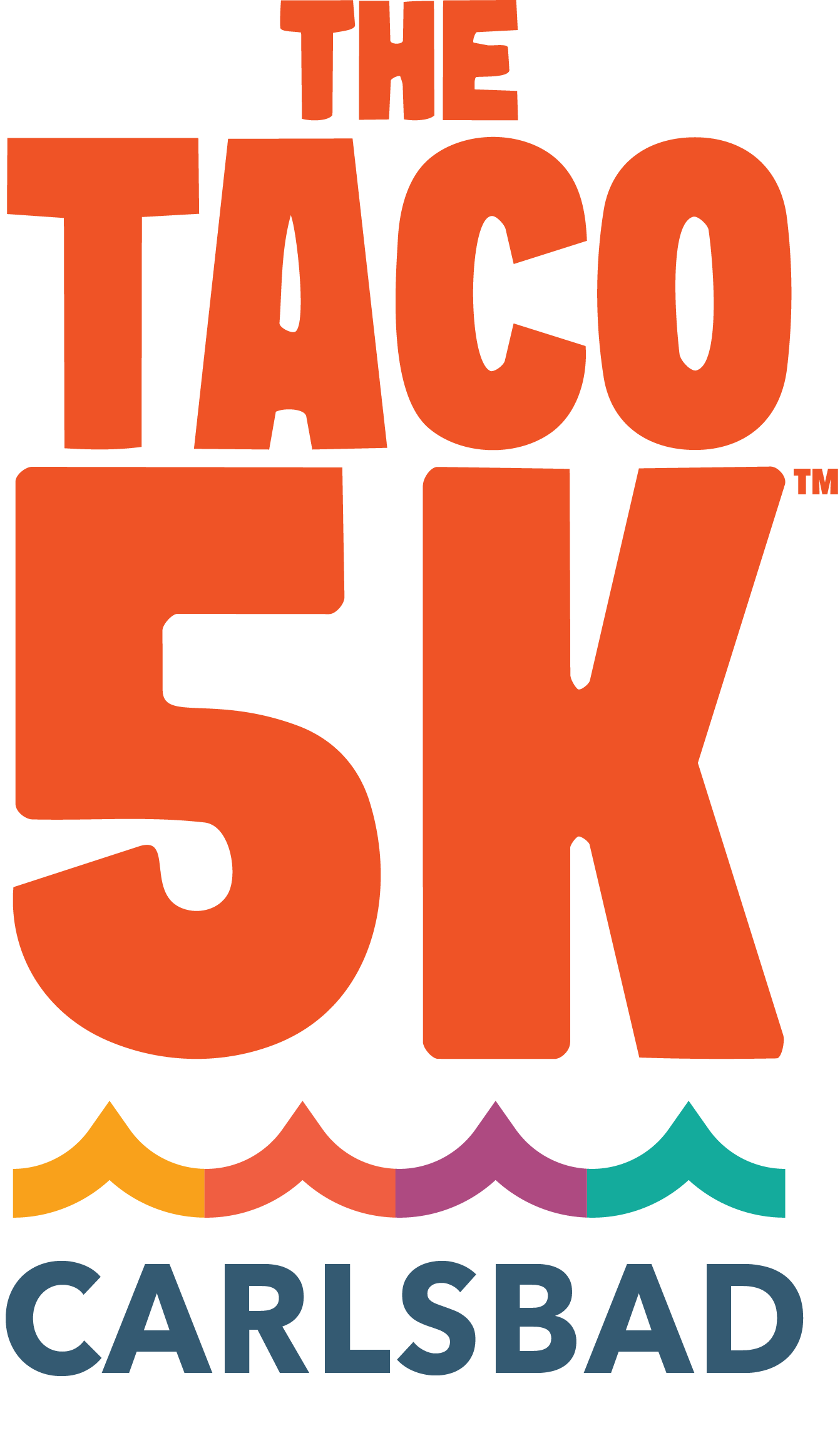 Colorful logo of the Carlsbad Taco 5K event with stylized waves and the event title in bold orange and black letters.