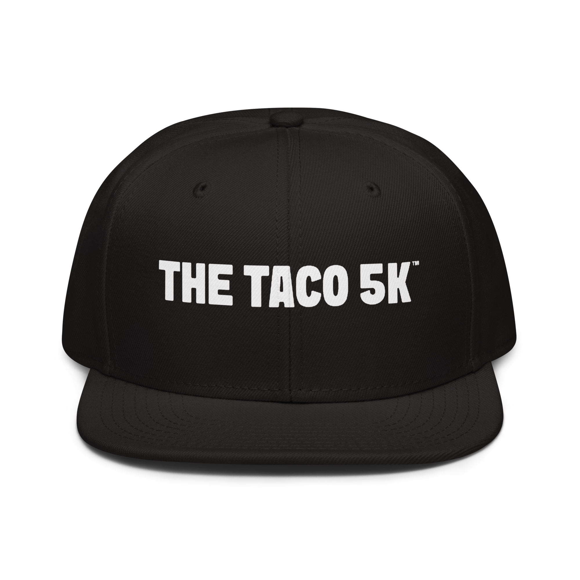 Black baseball cap with the logo "The Taco 5K" embroidered in white on the front